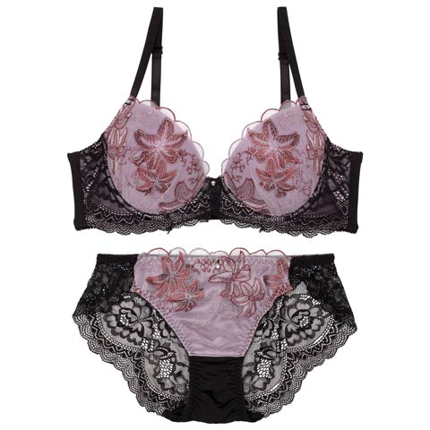 10/4再販!ダスティースカラップリリー育乳脇高ブラジャー&バック透けフルバックショーツ［激売れ］(パープル-A70/ショーツM)