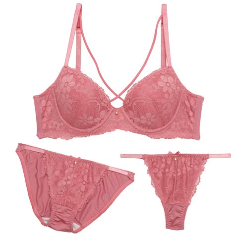 【3点セット】【GHIサイズ】オールフラワーレーシィクロス育乳脇高ブラジャー&フルバック&Tバックショーツ［大人気］(ピンク-G65/ショーツM)