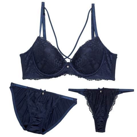 【3点セット】【GHIサイズ】オールフラワーレーシィクロス育乳脇高ブラジャー&フルバック&Tバックショーツ［大人気］(ネイビー-G65/ショーツM)