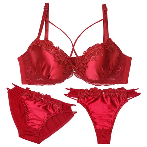 11/14新作!【3点セット】グロッシーブロッサムコード育乳脇高ブラジャー&フルバック&Tバックショーツ［大人気］(レッド-A70/ショーツM)