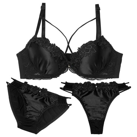 11/14新作!【3点セット】【GHIサイズ】グロッシーブロッサムコード育乳脇高ブラジャー&フルバック&Tバックショーツ［大人気］(ブラック-G65/ショーツM)