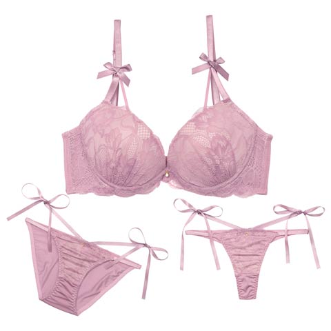 12/2再販!【三上悠亜着用】【3点セット】エトワールリボンレース育乳脇高ブラジャー&フルバック&Tバックショーツ［大人気］(パープル-A70/ショーツM)