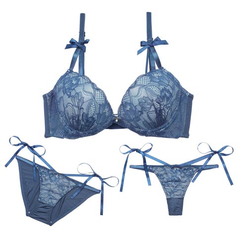 12/2再販!【三上悠亜着用】【3点セット】【GHIサイズ】エトワールリボンレース育乳脇高ブラジャー&フルバック&Tバックショーツ［大人気］(ブルー-G65/ショーツM)