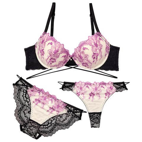 10/30再販!【三上悠亜着用】【3点セット】ブルーミングクロスストリング育乳脇高ブラジャー&バック透けフルバック&Tバックショーツ［大人気］(ラベンダー-A70/ショーツM)