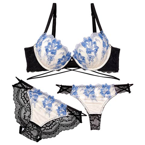 10/30再販!【三上悠亜着用】【3点セット】【GHIサイズ】ブルーミングクロスストリング育乳脇高ブラジャー&バック透けフルバック&Tバックショーツ［大人気］(ブルー-G65/ショーツM)