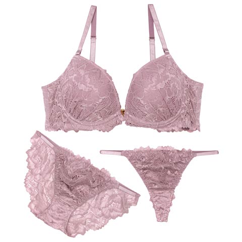 【かとゆり着用】【3点セット】ダスティフルールレースフロントホックブラジャー&バック透けフルバック&Tバックショーツ［大人気］(パープル-A70/ショーツM)