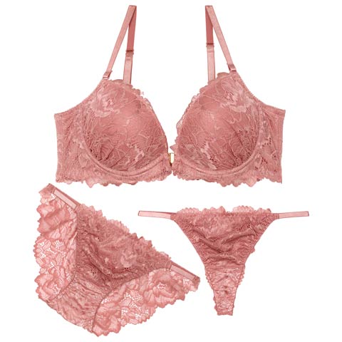 【かとゆり着用】【3点セット】ダスティフルールレースフロントホックブラジャー&バック透けフルバック&Tバックショーツ［大人気］(テラコッタ-A70/ショーツM)