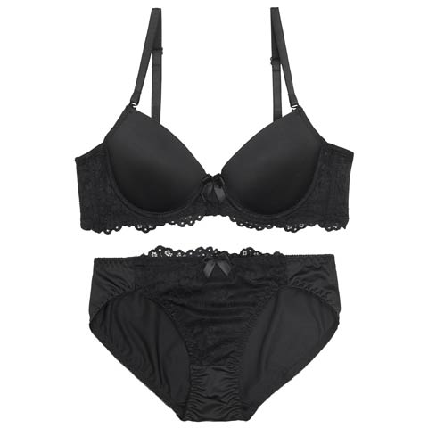 【GHIサイズ】シンプルレーシィスムース育乳脇高ブラジャー&フルバックショーツ［大人気］(ブラック-G65/ショーツM)