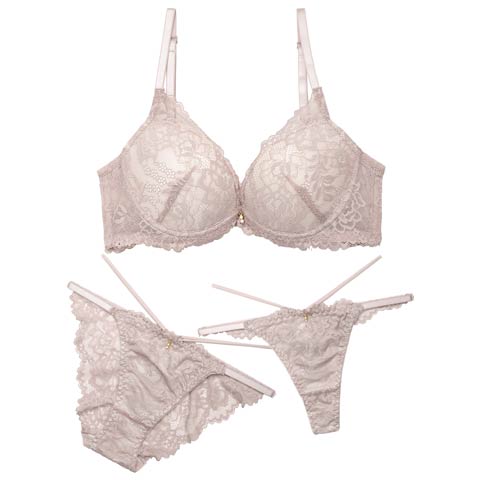 11/20再販!【三上悠亜着用】【3点セット】【GHIサイズ】ラグジュアリーオールレーシィコード育乳脇高ブラジャー&バック透けフルバック&Tバックショーツ［大人気］(グレージュ-G65/ショーツM)