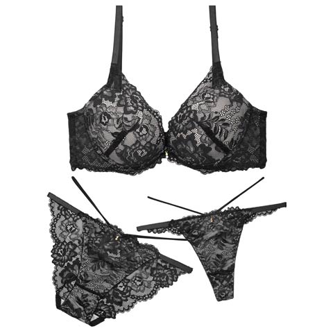 11/20再販!【三上悠亜着用】【3点セット】【GHIサイズ】ラグジュアリーオールレーシィコード育乳脇高ブラジャー&バック透けフルバック&Tバックショーツ［大人気］(ブラック-G65/ショーツM)