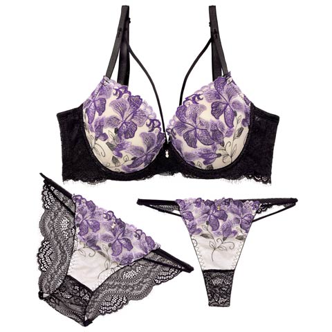 【三上悠亜着用】【3点セット】ゴージャスリリーコード育乳脇高ブラジャー&バック透けフルバック&Tバックショーツ［大人気］(パープル-A70/ショーツM)