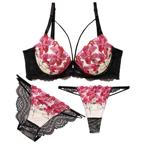 【三上悠亜着用】【3点セット】ゴージャスリリーコード育乳脇高ブラジャー&バック透けフルバック&Tバックショーツ［大人気］(レッド-A70/ショーツM)