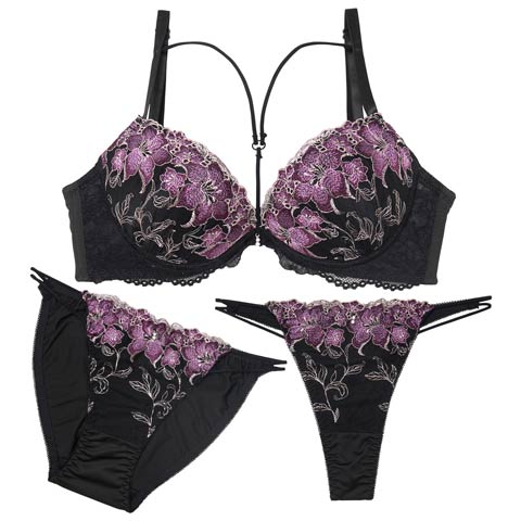 12/3新作!【3点セット】グロリアスブルームコード育乳脇高ブラジャー&フルバック&Tバックショーツ［大人気］(ブラック-A70/ショーツM)