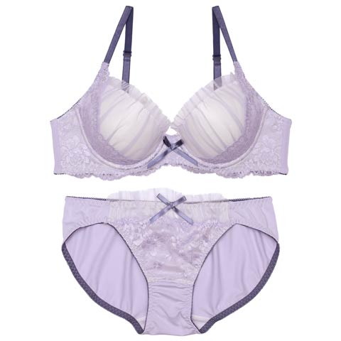 フェミニンギャザーチュールレースブラジャー&フルバックショーツ［激売れ］(ラベンダー-A70/ショーツM)