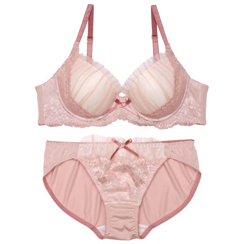 フェミニンギャザーチュールレースブラジャー&フルバックショーツ［激売れ］(コーラルピンク-A70/ショーツM)