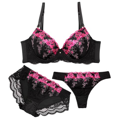 【3点セット】【GHIサイズ】ビビットスカラップローズ育乳脇高ブラジャー&フルバック&Tバックショーツ［大人気］(ピンク-G65/ショーツM)