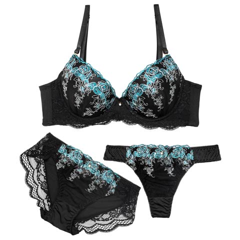 【3点セット】【GHIサイズ】ビビットスカラップローズ育乳脇高ブラジャー&フルバック&Tバックショーツ［大人気］(グリーン-G65/ショーツM)