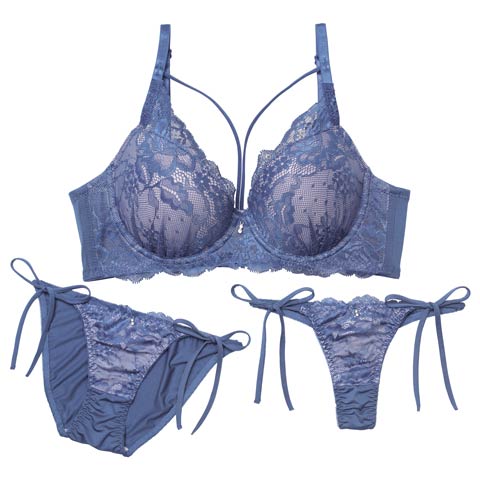 11/21新作!【3点セット】ヴィーナスレースコード育乳脇高ブラジャー&サイド紐フルバック&Tバックショーツ［大人気］(ブルー-A70/ショーツM)