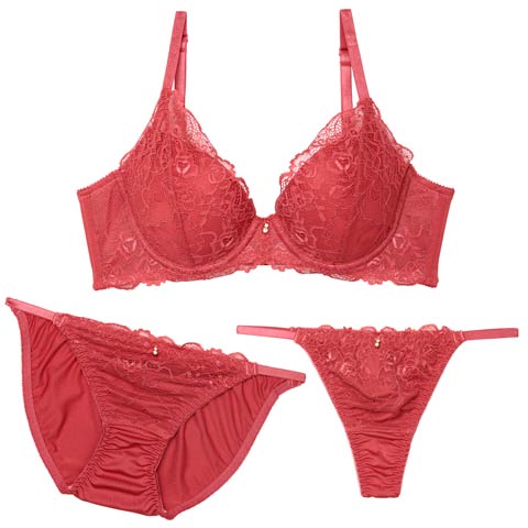 【3点セット】トワイライトレース育乳脇高ブラジャー&フルバック&Tバックショーツ［大人気］(テラコッタ-A70/ショーツM)