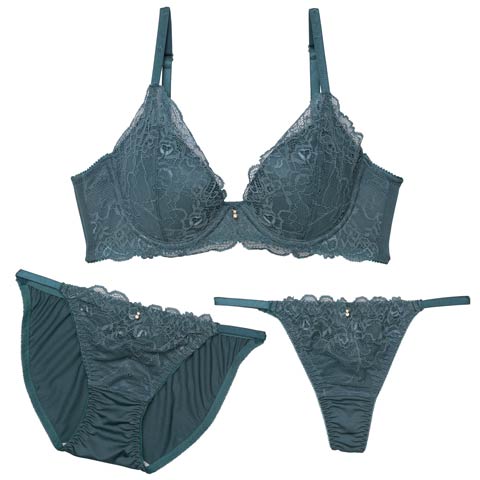 【3点セット】【GHIサイズ】トワイライトレース育乳脇高ブラジャー&フルバック&Tバックショーツ［大人気］(グリーン-G65/ショーツM)