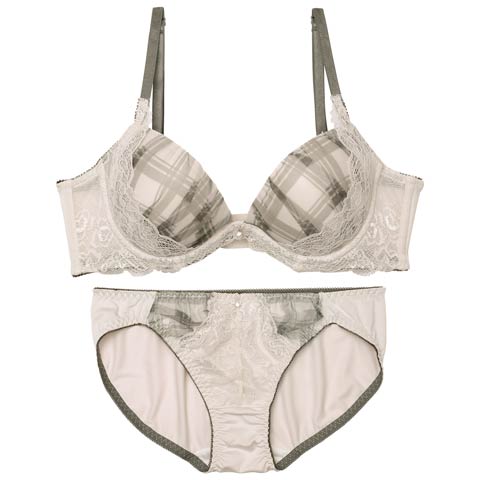 クラシカルチェックレース育乳脇高ブラジャー&フルバックショーツ［激売れ］(ライトグレー-A70/ショーツM)