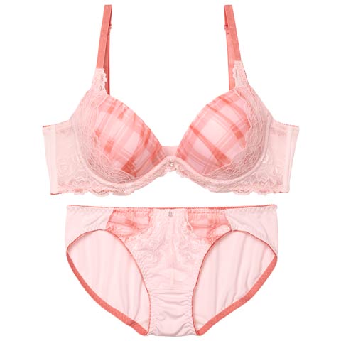 クラシカルチェックレース育乳脇高ブラジャー&フルバックショーツ［激売れ］(ピンク-A70/ショーツM)