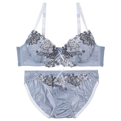 10/25再販!エレガントダスティフルールブラジャー&フルバックショーツ［激売れ］(ブルー-A70/ショーツM)