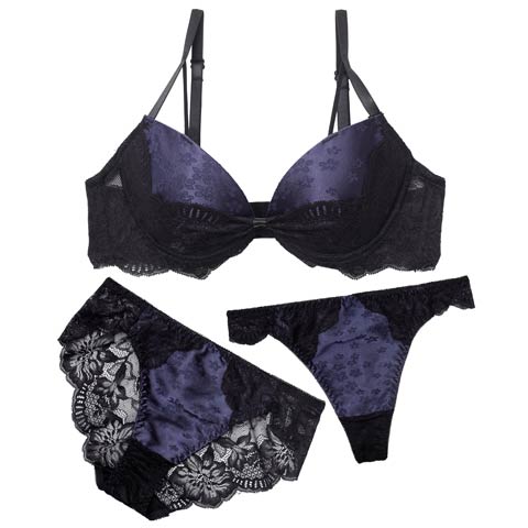11/19新作!【3点セット】グロスサテンリボンレースブラジャー&バック透けフルバック&Tバックショーツ［大人気］(ネイビー-A70/ショーツM)