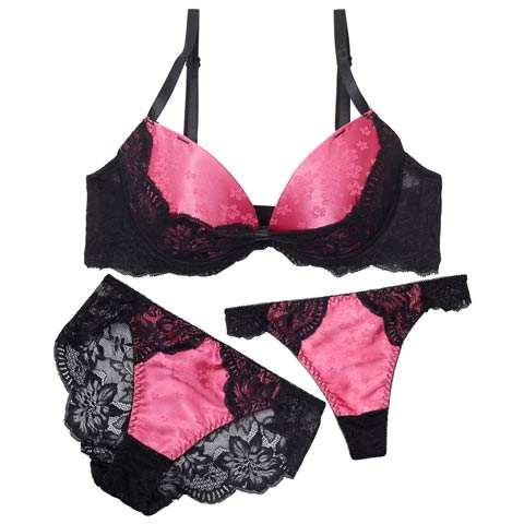 11/19新作!【3点セット】グロスサテンリボンレースブラジャー&バック透けフルバック&Tバックショーツ［大人気］(ピンク-A70/ショーツM)