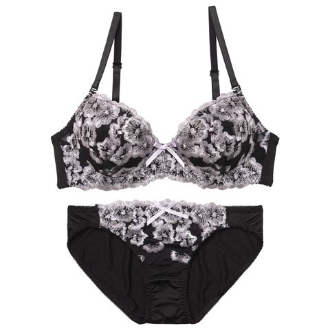 クラシックフローラルエンブロイダリーブラジャー&フルバックショーツ［激売れ］［週替］[スーパーセール](ブラック-A70/ショーツM)