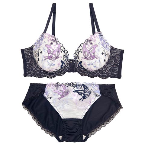 フェアリーバタフライ育乳脇高ブラジャー&フルバックショーツ［激売れ］(ネイビー-A70/ショーツM)