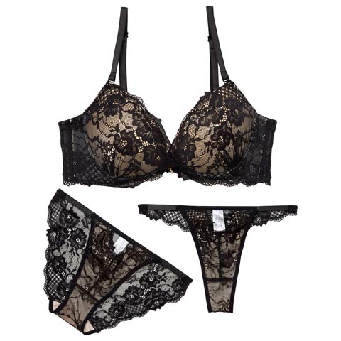 11/5新作!【3点セット】【GHIサイズ】カシュクールヌーディーレース育乳脇高ブラジャー&バック透けフルバック&Tバックショーツ［大人気］(ブラック-G65/ショーツM)