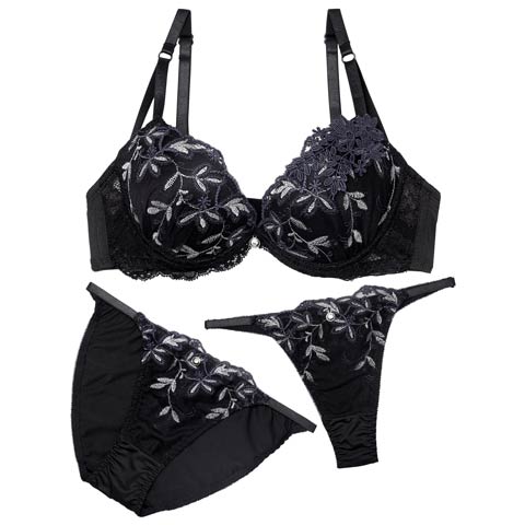 3/18新作!【3点セット】ルミナスボタニカルフラワーブラジャー&フルバック&Tバックショーツ［大人気］(ブラック-A70/ショーツM)