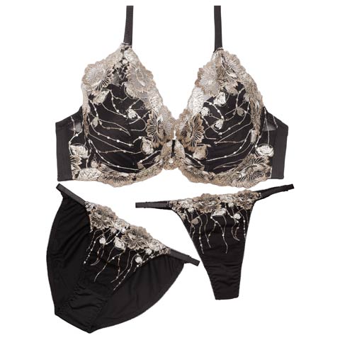 12/1新作!【3点セット】ラグジュアリーフローラルブラジャー&フルバック&Tバックショーツ［大人気］(ブラック-A70/ショーツM)