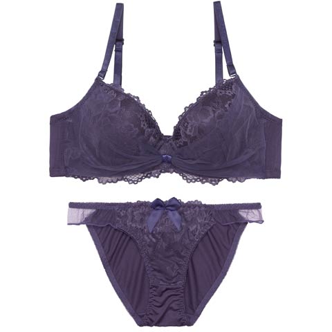 1/16新作!エレガントリボンレーシィチュールブラジャー＆フルバックショーツ［激売れ］(ディープパープル-A70/ショーツM)