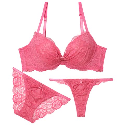 【3点セット】ロマンティックリボンレース育乳脇高ブラジャー&バック透けフルバック&Tバックショーツ
