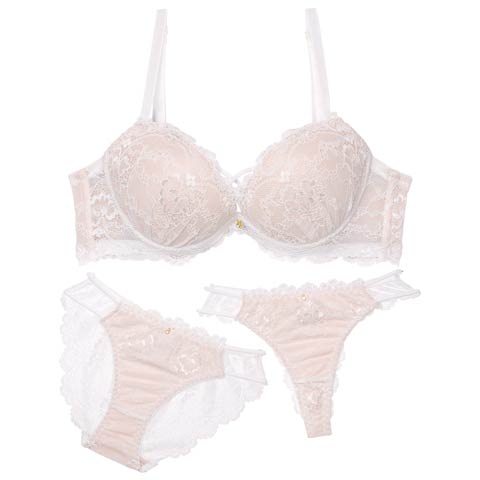 1/14新作!【3点セット】ジュエルレーシィコード育乳脇高ブラジャー&バック透けフルバック&Tバックショーツ［大人気］(ホワイト-A70/ショーツM)