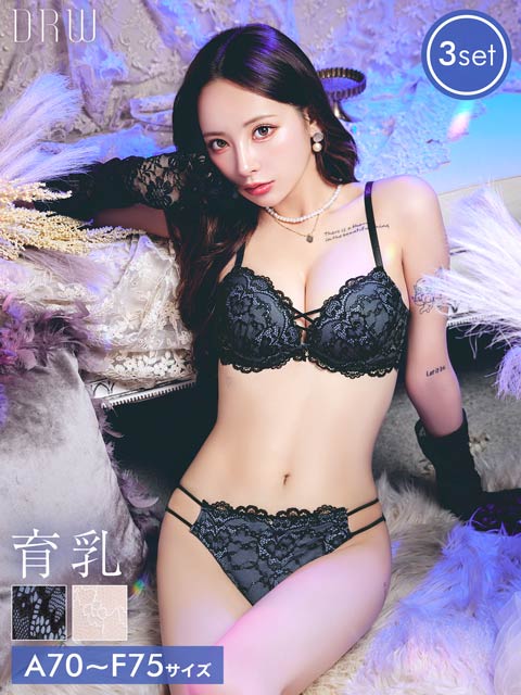 1/14新作!【3点セット】ジュエルレーシィコード育乳脇高ブラジャー&バック透けフルバック&Tバックショーツ［大人気］