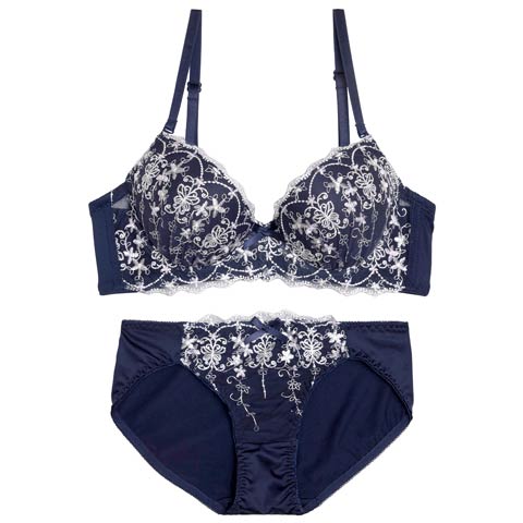 12/12新作!クラシカルバタフライ育乳脇高ブラジャー&フルバックショーツ［激売れ］(ネイビー-A70/ショーツM)