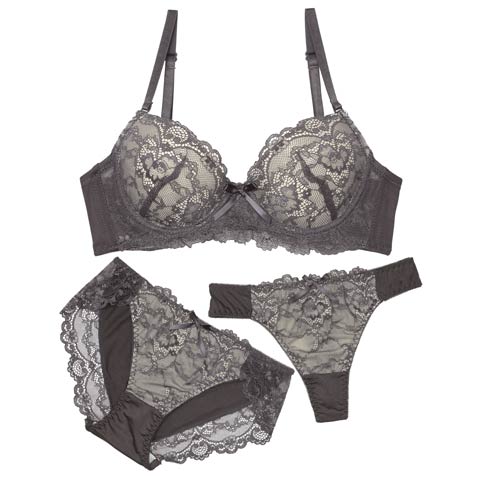 2/4新作!【3点セット】フェミニンシンプルレース育乳脇高ブラジャー&フルバック&Tバックショーツ［大人気］(グレー-A70/ショーツM)