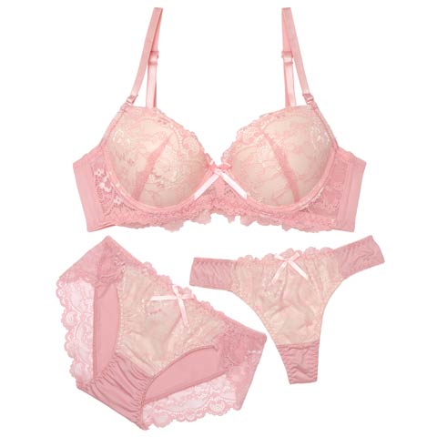 2/4新作!【3点セット】フェミニンシンプルレース育乳脇高ブラジャー&フルバック&Tバックショーツ［大人気］(ピンク-A70/ショーツM)