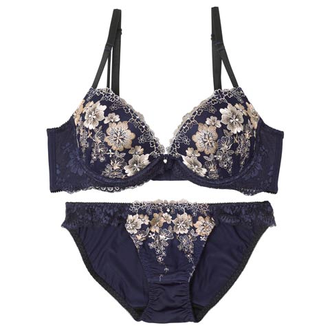 9/18再販!プレシャスフルールエンブロイダリー育乳脇高ブラジャー&フルバックショーツ［激売れ］(ネイビー-A70/ショーツM)