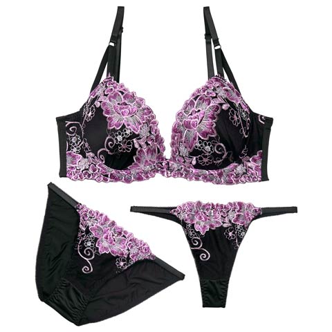 11/24新作!【三上悠亜着用】【3点セット】グロリアスシャイニーブルーム育乳脇高ブラジャー&フルバック&Tバックショーツ［大人気］(パープル-A70/ショーツM)