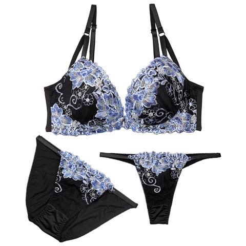 11/24新作!【三上悠亜着用】【3点セット】【GHIサイズ】グロリアスシャイニーブルーム育乳脇高ブラジャー&フルバック&Tバックショーツ［大人気］(ブルー-G65/ショーツM)