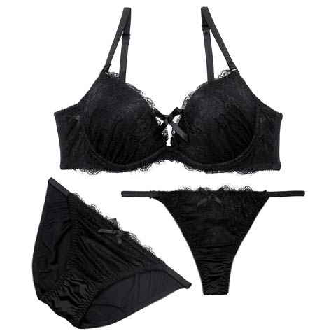 12/3再販!【三上悠亜着用】【3点セット】ロマンティックリボンコードブラジャー&フルバック&Tバックショーツ［大人気］(ブラック-A70/ショーツM)