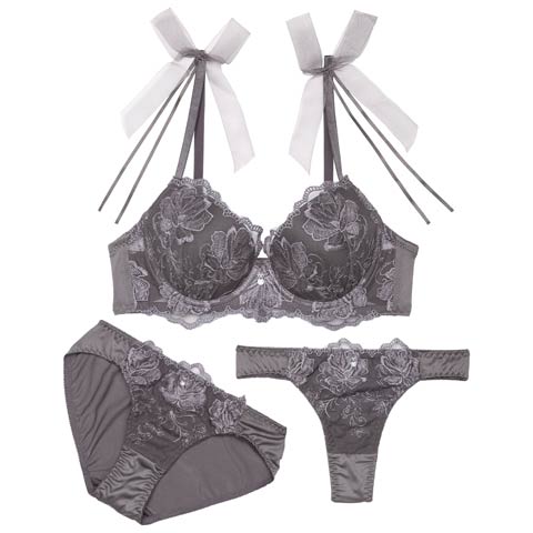 3/11新作!【3点セット】チュールリボンエンブロイダリーブラジャー&フルバックショーツ&Tバックショーツ［大人気］(グレー-A70/ショーツM)