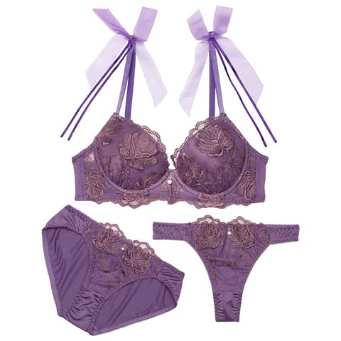 3/11新作!【3点セット】【GHIサイズ】チュールリボンエンブロイダリーブラジャー&フルバックショーツ&Tバックショーツ［大人気］(パープル-G65/ショーツM)