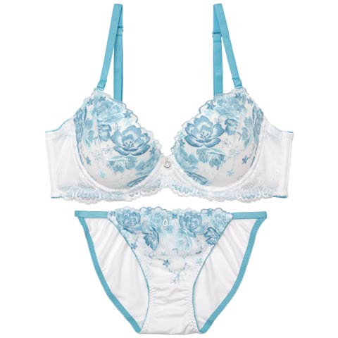 ピュアフローラルガーデン育乳脇高ブラジャー&フルバックショーツ［激売れ］(ブルー-A70/ショーツM)