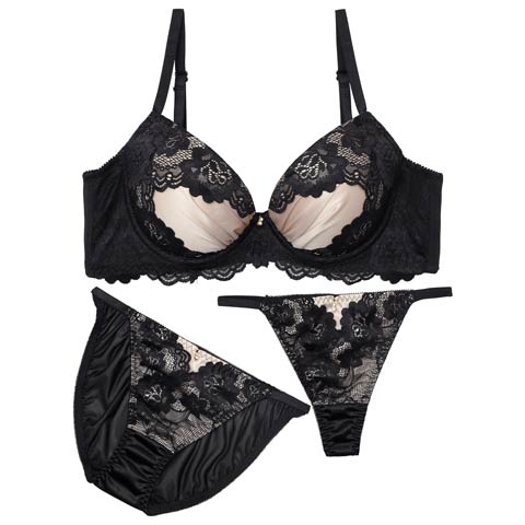 10/17新作!【3点セット】【GHIサイズ】グロッシーサテンフルール育乳脇高ブラジャー&フルバック&Tバックショーツ［大人気］(ブラック-G65/ショーツM)