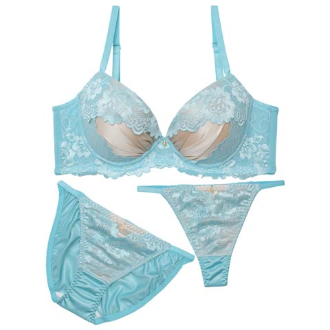 10/17新作!【3点セット】【GHIサイズ】グロッシーサテンフルール育乳脇高ブラジャー&フルバック&Tバックショーツ［大人気］(エメラルドグリーン-G65/ショーツM)